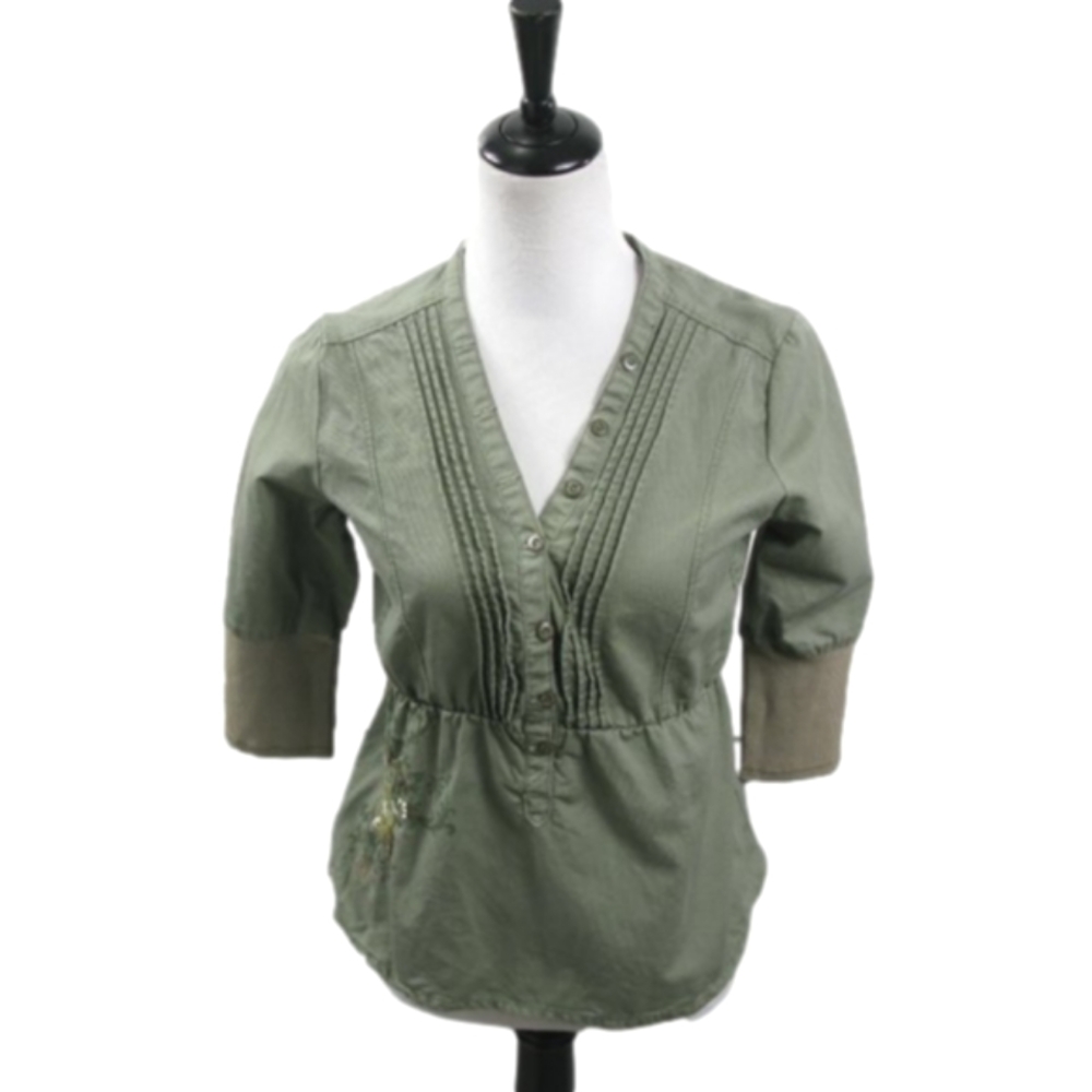 Element Army Green V-Neck 3/4  Sleeve Blouse Size Small